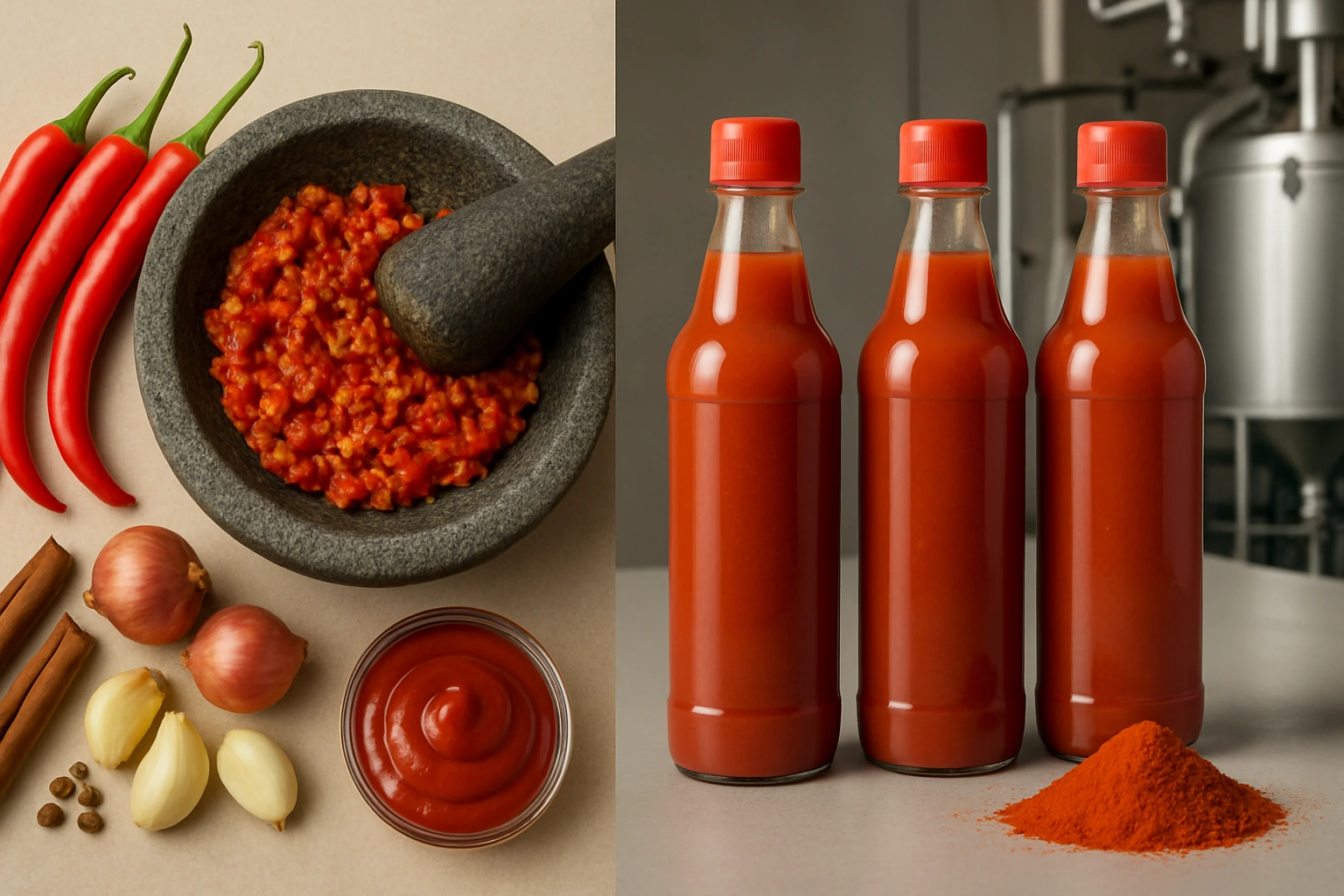 Side-by-side comparison showing traditional Indonesian sambal with fresh ingredients versus commercial hot sauce bottles