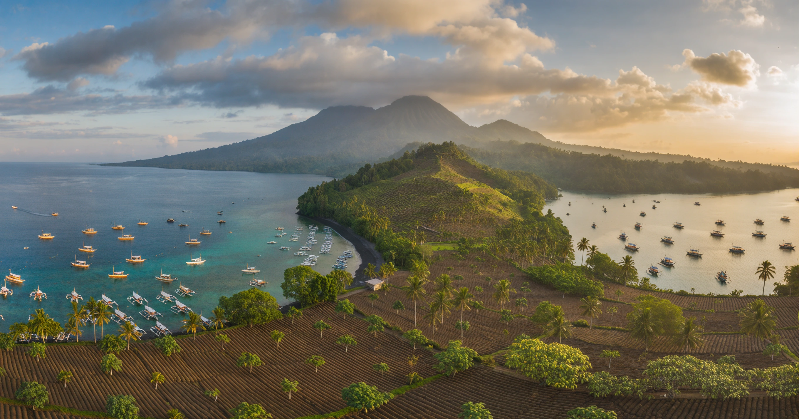 Historic Spice Islands coastal landscape with volcanic backdrop