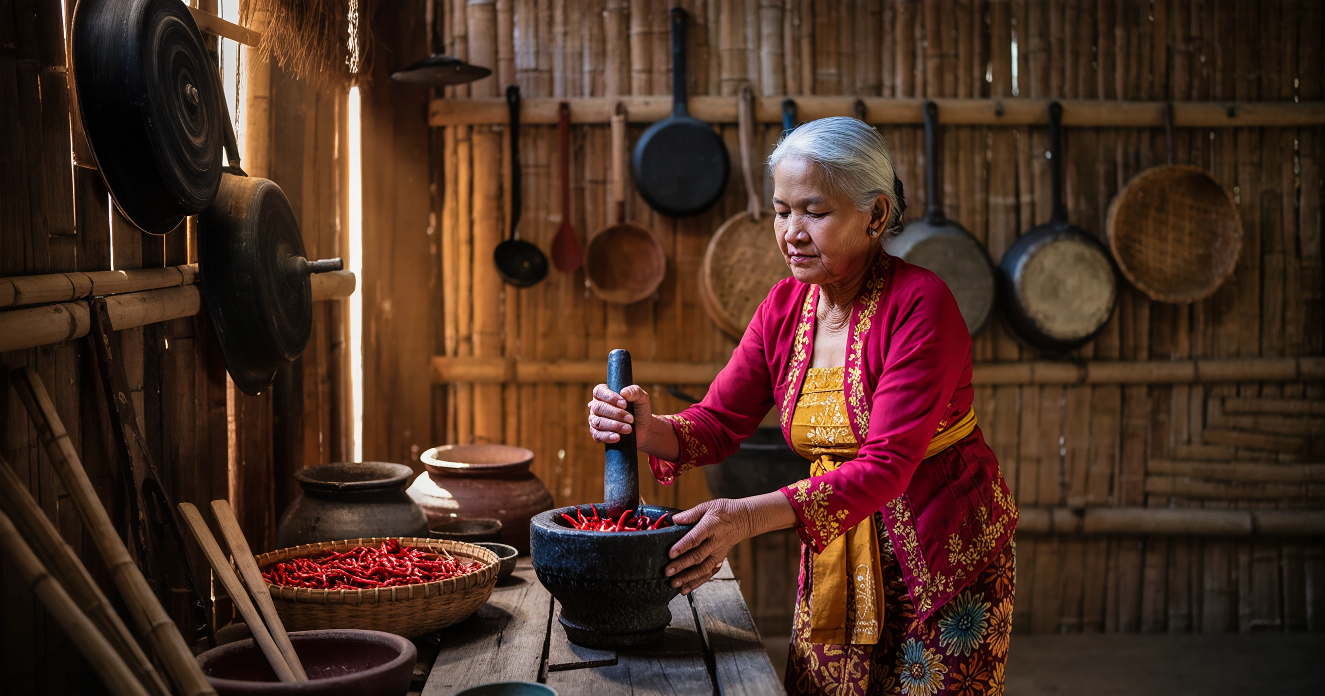 Traditional Indonesian stone mortar and pestle with fresh chilies and aromatics laid out for authentic sambal preparation