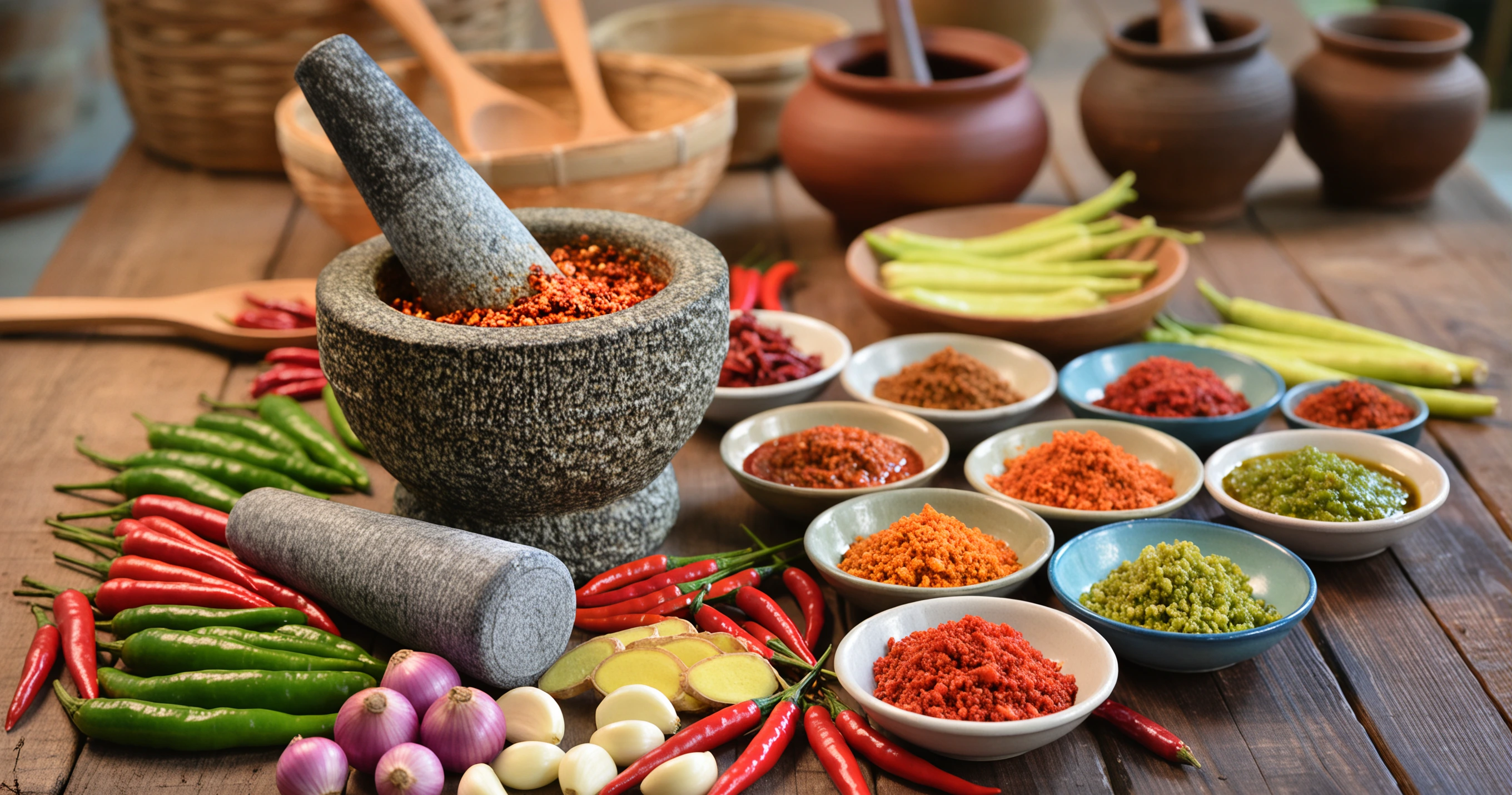 A variety of Indonesian sambal styles and ingredients